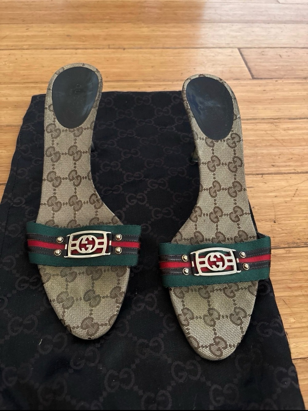 Gucci Beige GG Canvas Slide Mules with Green and Red Web & Gold Hardware